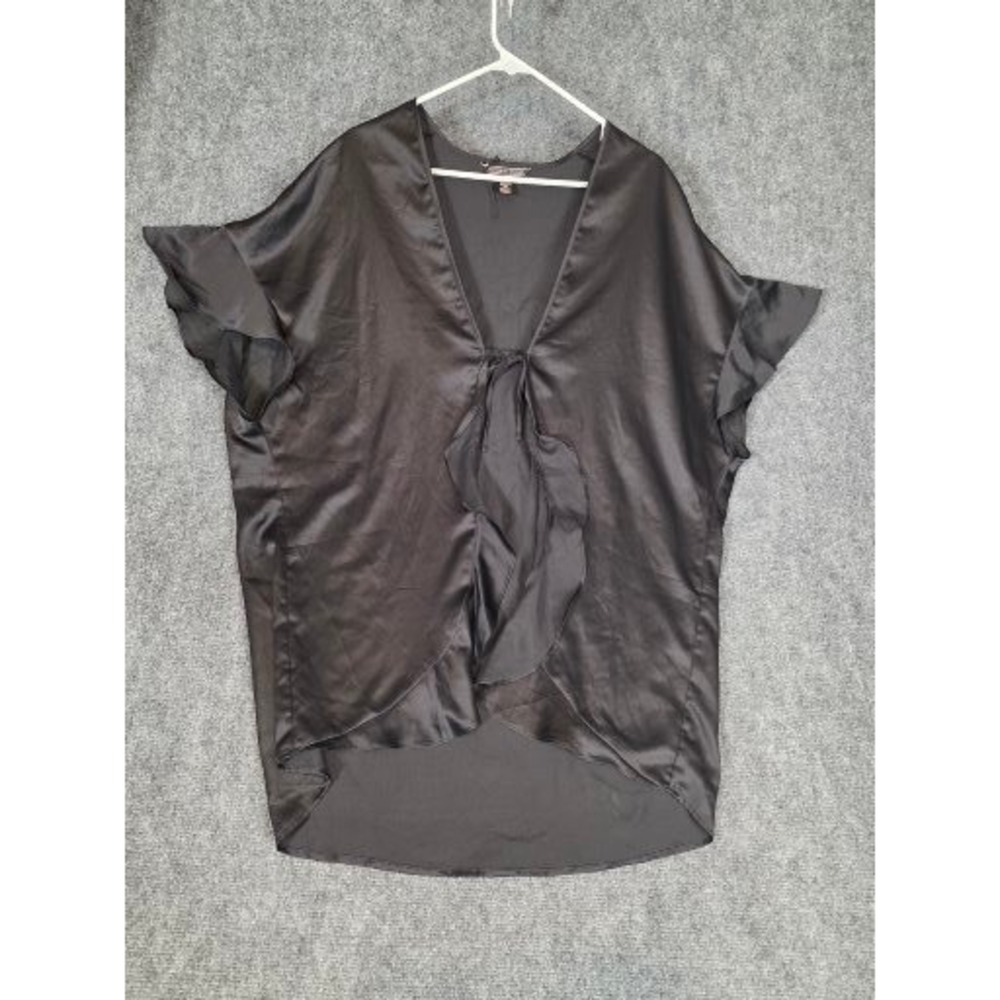 Victoria's Secret Black Satin Love Graphic Ruffle Tie Front Robe One Size Casual